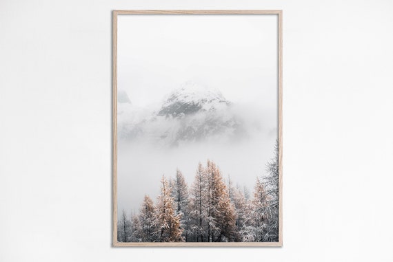 Winter Mountain Photography Snow Covered Peak Image White Foggy Pine Trees Rustic Mountains Wall Decor Print