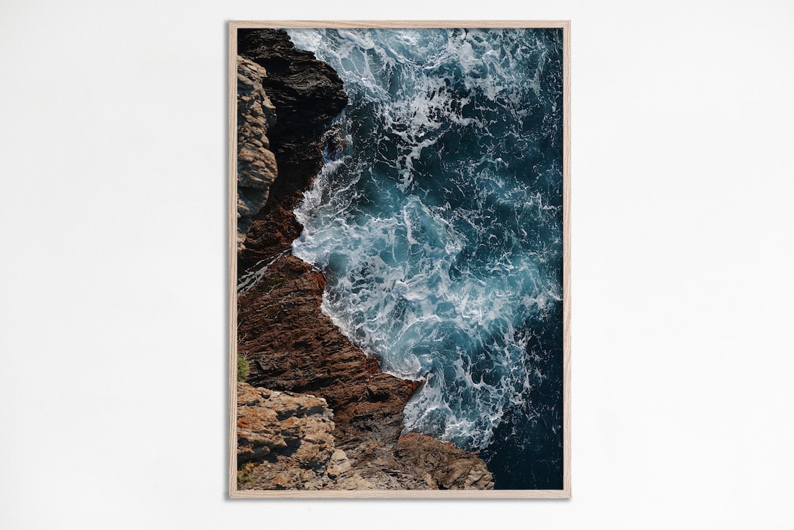 Aerial Ocean Waves Beach Cliff Poster Print