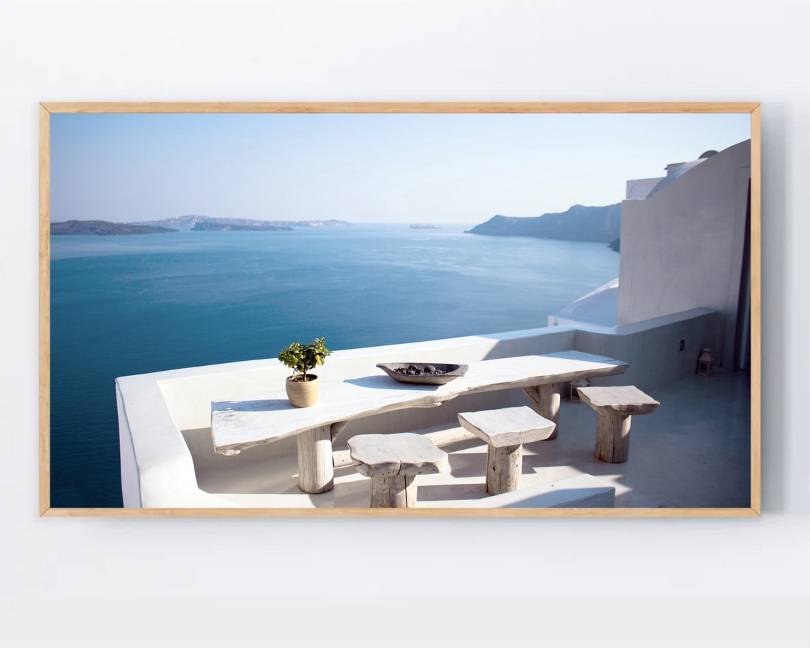 Santorini Terrace Overlooking Aegean Sea Greece Photo Poster