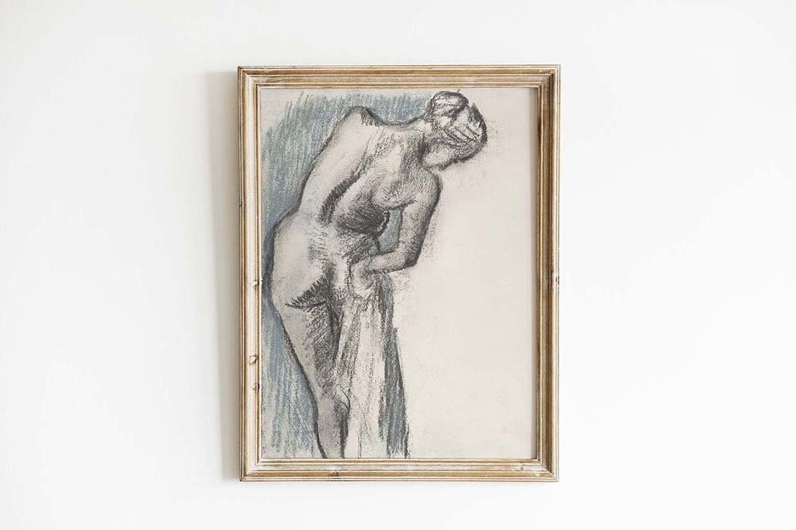 Vintage Nude Woman Sketch Bending Figure Charcoal Drawing Art Print
