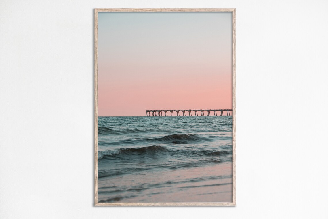 Pastel Sunset Ocean Pier Photo Soft Pink Beach Coastal Minimalist Poster