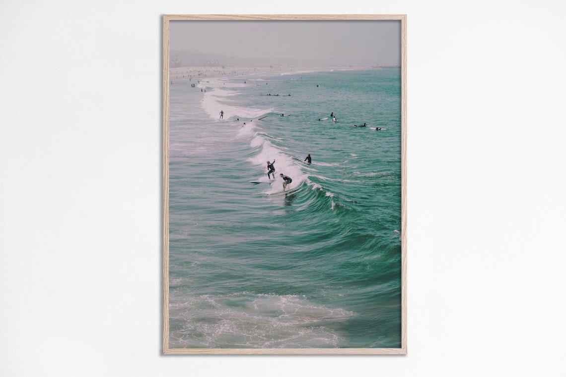 Aerial Surfers Riding Ocean Waves Beach Photography Decor Poster