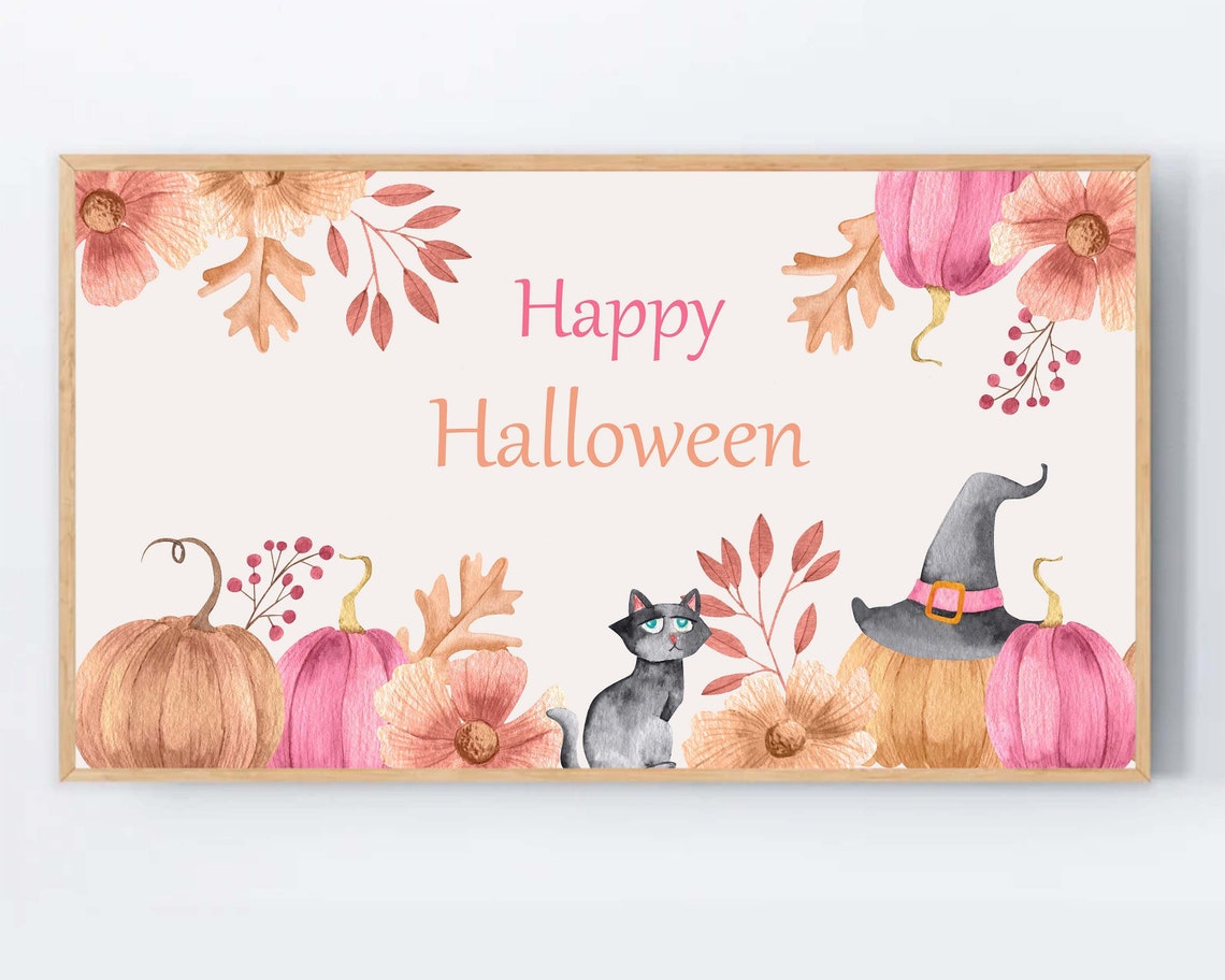 Cute Pastel Happy Halloween Print With Black Cat And Pink Pumpkins