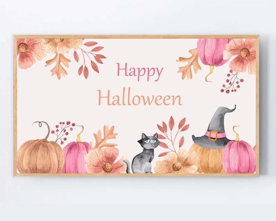 Cute Happy Halloween Frame Tv Art Samsung Black Cat Wallpaper Party Decor