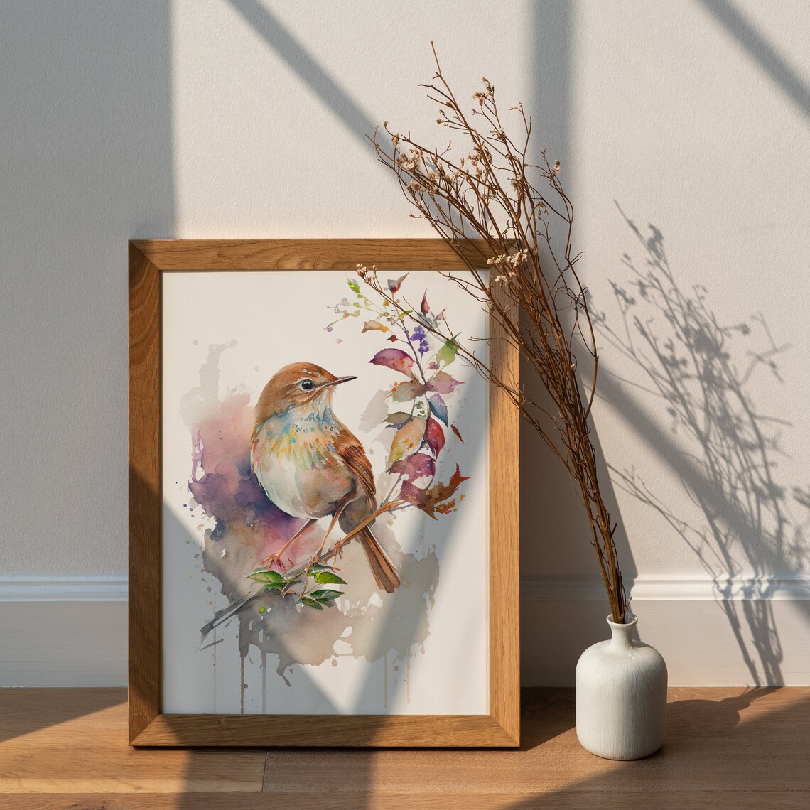 Sweet Brown Songbird on Autumn Branch Watercolor Bird Wall Art - Image 2