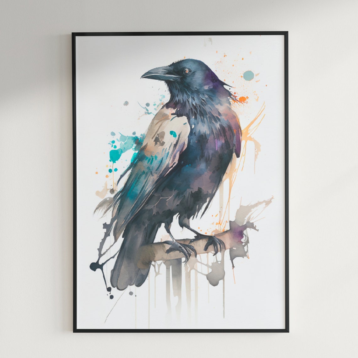 American Crow Perched on Branch Moody Black Bird Watercolor Poster - Image 2