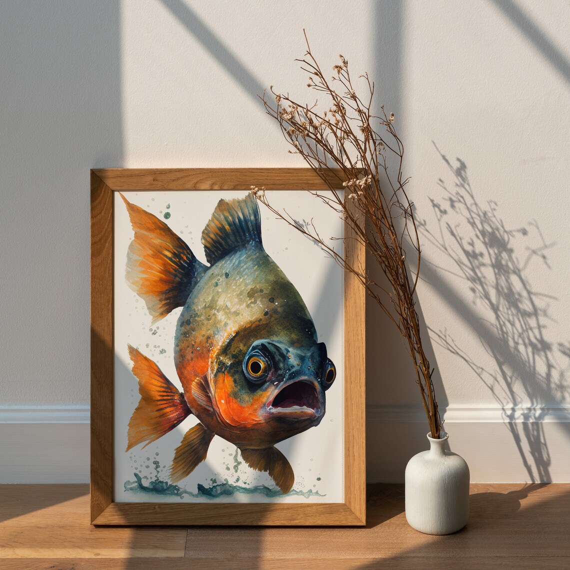 Fierce Red Bellied Piranha Fish Portrait Watercolor Wildlife Poster - Image 2