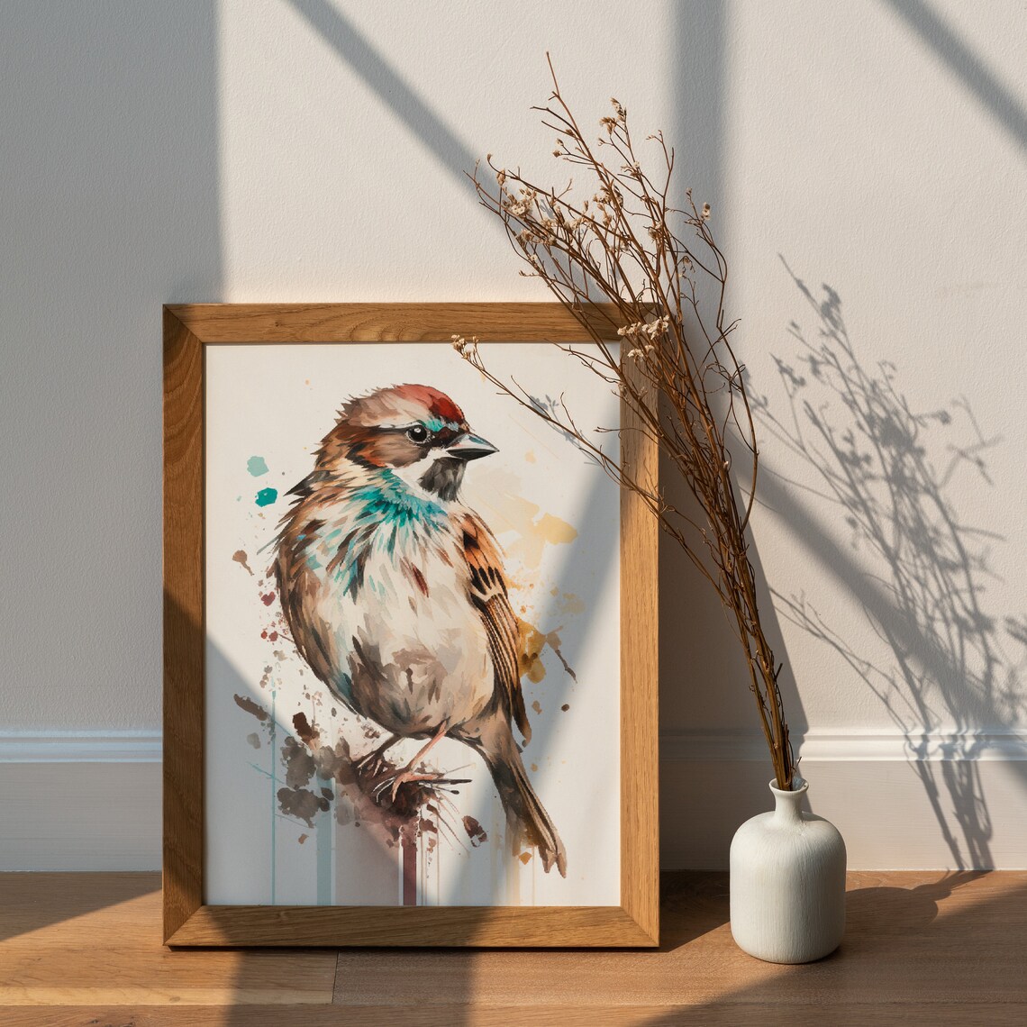 House Sparrow Watercolor Bird Painting Wildlife Splash Wall Art - Image 3