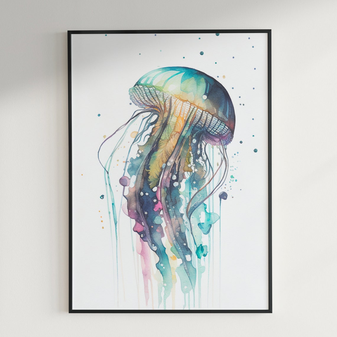Luminous Jellyfish Drifting Teal Watercolor Ocean Creature Poster - Image 2