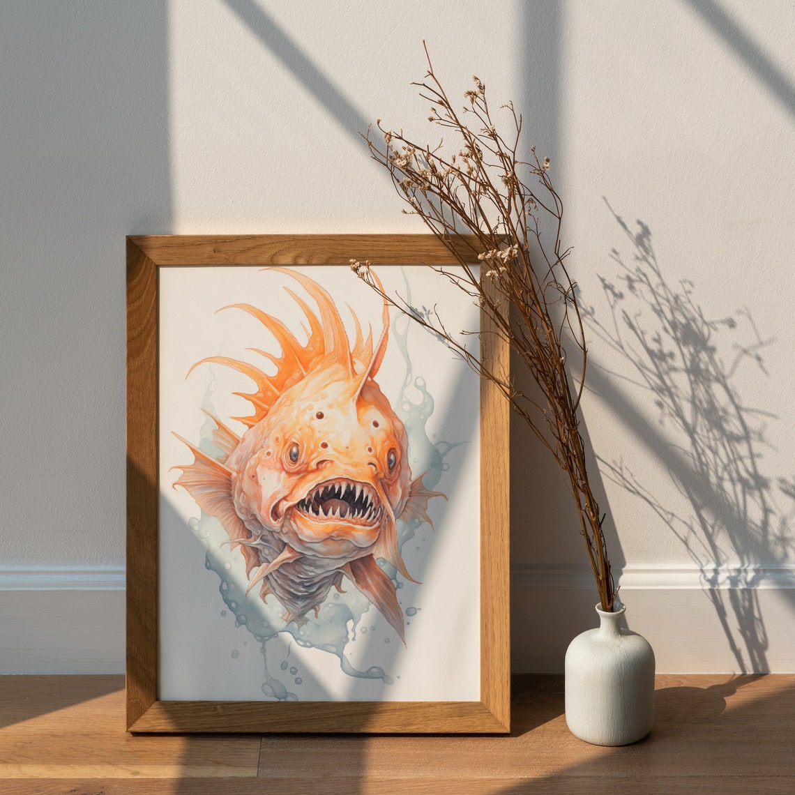 Fierce Angry Orange Monster Fish Sharp Teeth Watercolor Wall Art - Image 3