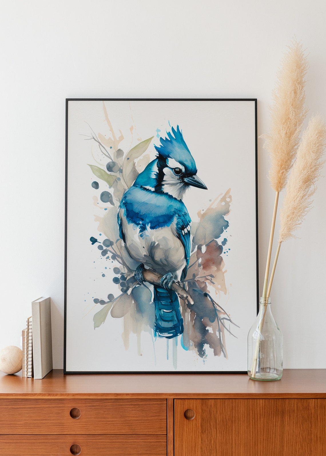 Blue Jay Bird Watercolor Painting Splash Wildlife Art Poster