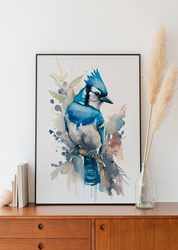 Blue Jay Watercolor Wall Art Blue Jay Bird Wall Decor Watercolor Bird Blue Jay Nursery Decor Wall Art Cute Bird Wall Decor