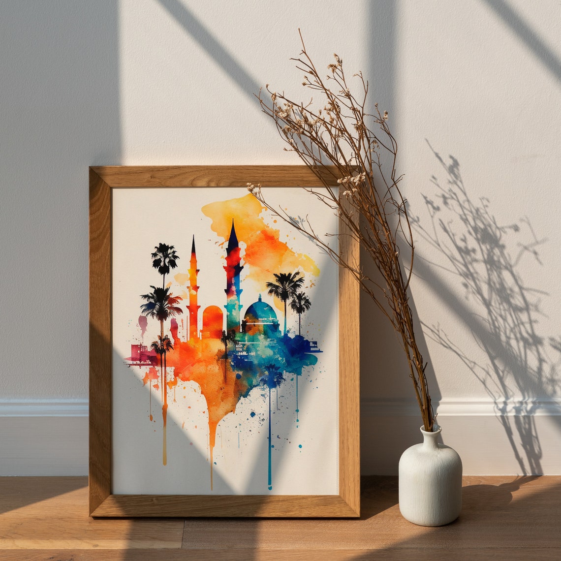 Middle Eastern Skyline Mosque Minarets Watercolor Art Poster - Image 2