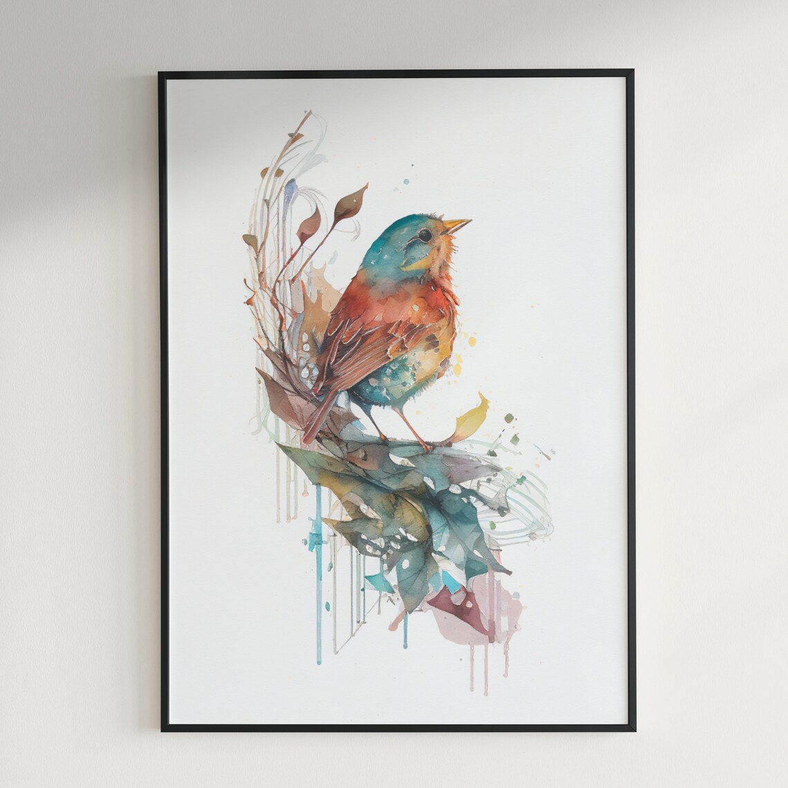 Colorful Teal and Red Songbird on Blossom Branch Watercolor Poster - Image 3