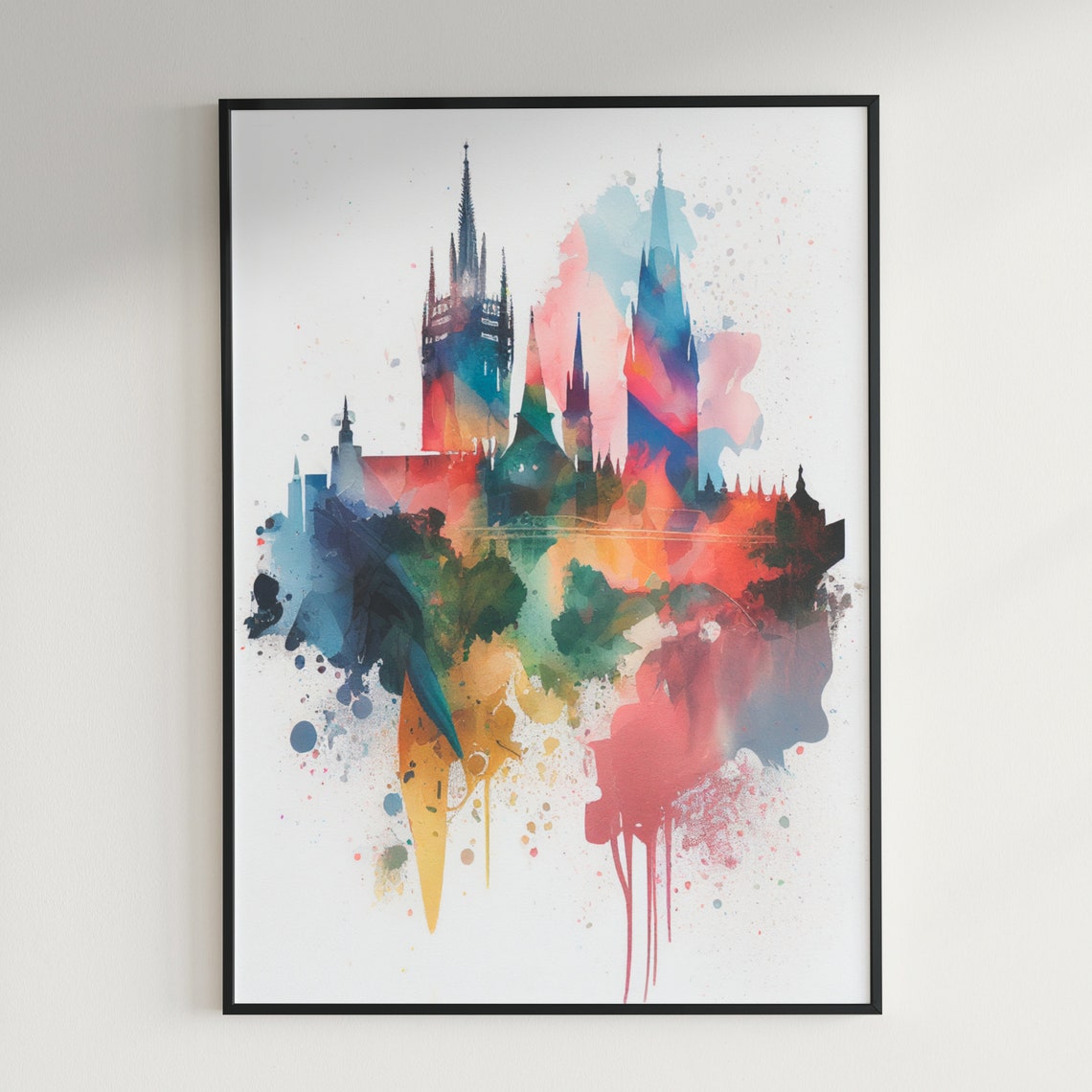 Gothic Cathedral Spires Colorful Watercolor Skyline Art Poster - Image 3