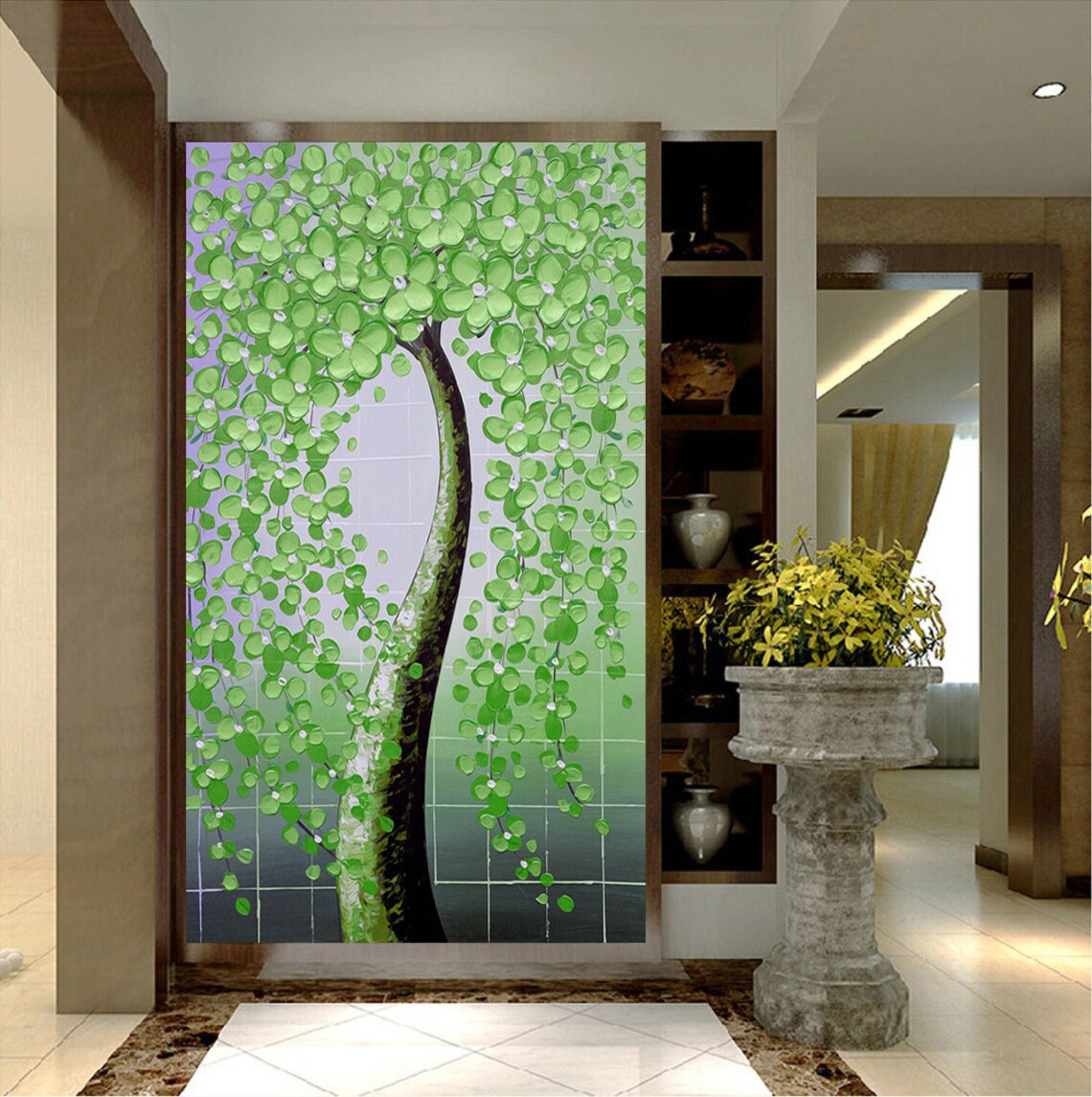 Whimsical Green Leaf Tree Modern Palette Knife Living Room Poster