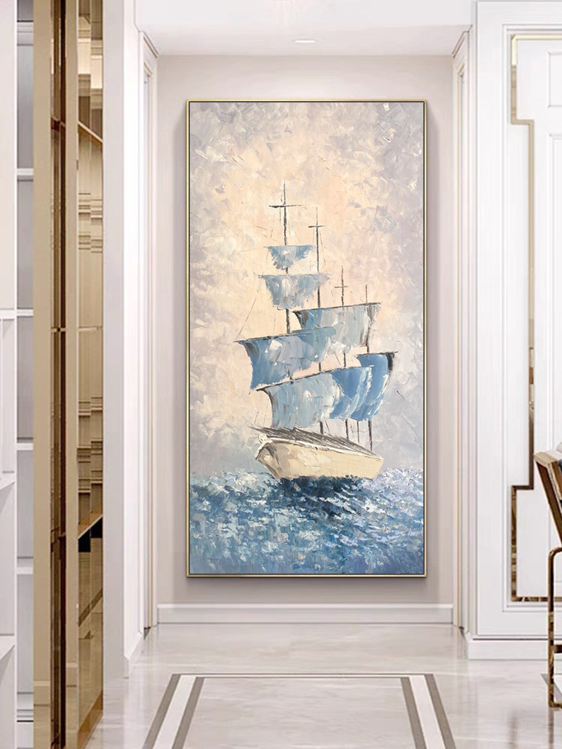 Tall Sailing Ship Blue Sails Impasto Ocean Oil Painting Poster - Image 2