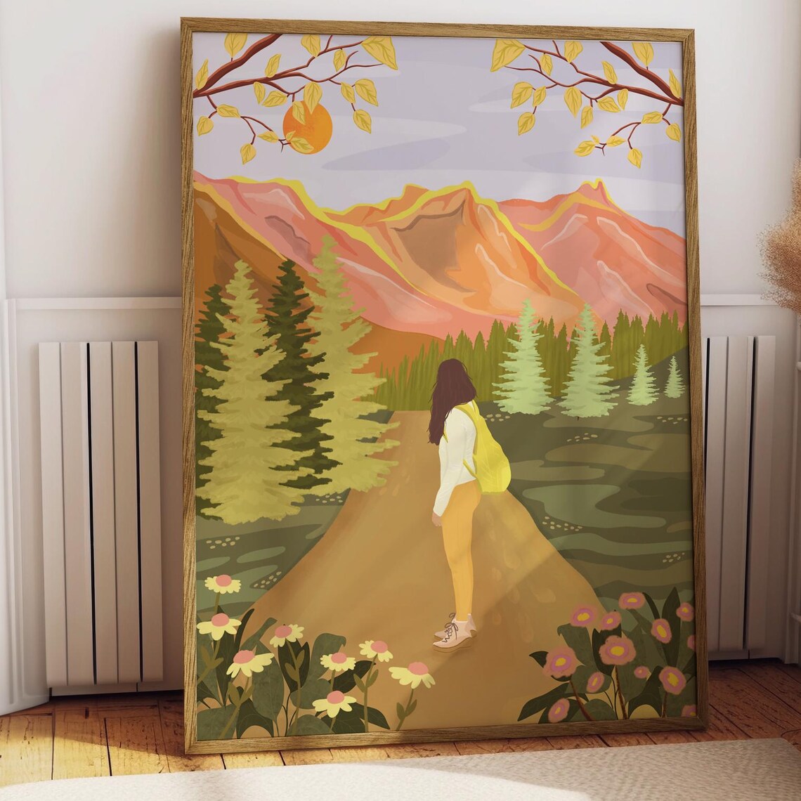Woman Hiker Facing Sunset Mountains Autumn Trail Adventure Wall Art