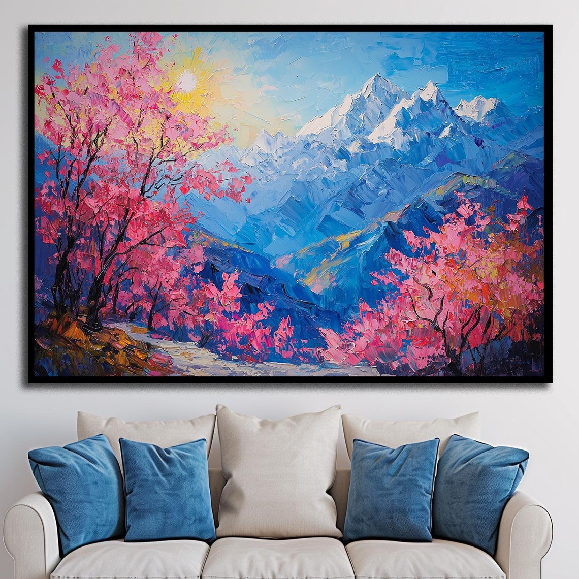 Pink Cherry Blossom Trees Blue Snowy Peaks Spring Landscape Art Poster