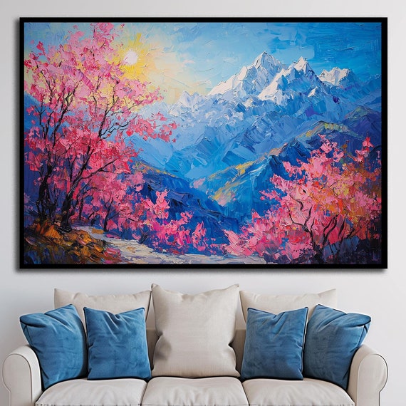 Mountain Art Cherry Blossom Art Wall Art Landscape Printing Pink Trees Art Abstract Nature Art Large Art Nature Art