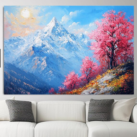 Snowy Mountain Peak Pink Flowering Trees Alpine Spring Poster