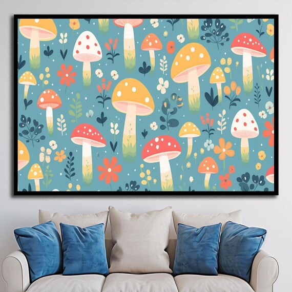 Whimsical Mushroom Forest Floral Pattern Teal Nursery Wall Print