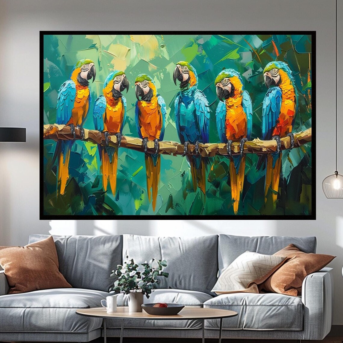 Six Colorful Macaw Parrots on Branch Tropical Bird Jungle Wall Art