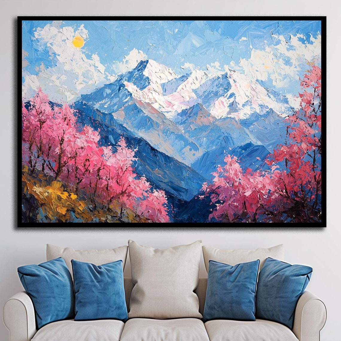 Pink Blossom Trees Snowy Mountain Peaks Spring Impasto Poster