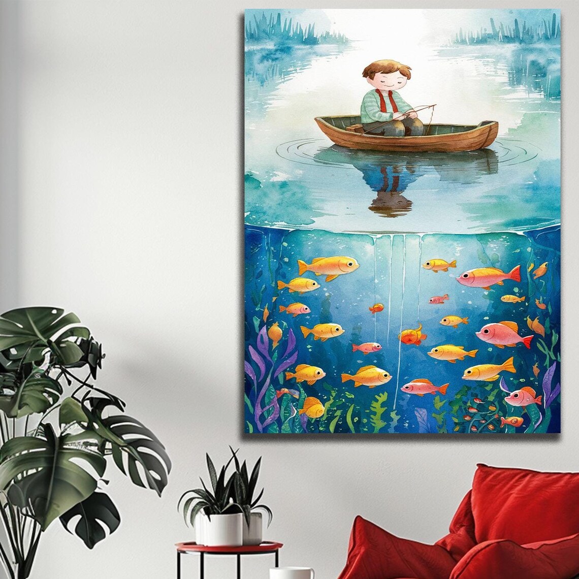 Boy Fishing From Canoe Above Colorful Underwater Fish Watercolor Wall Art