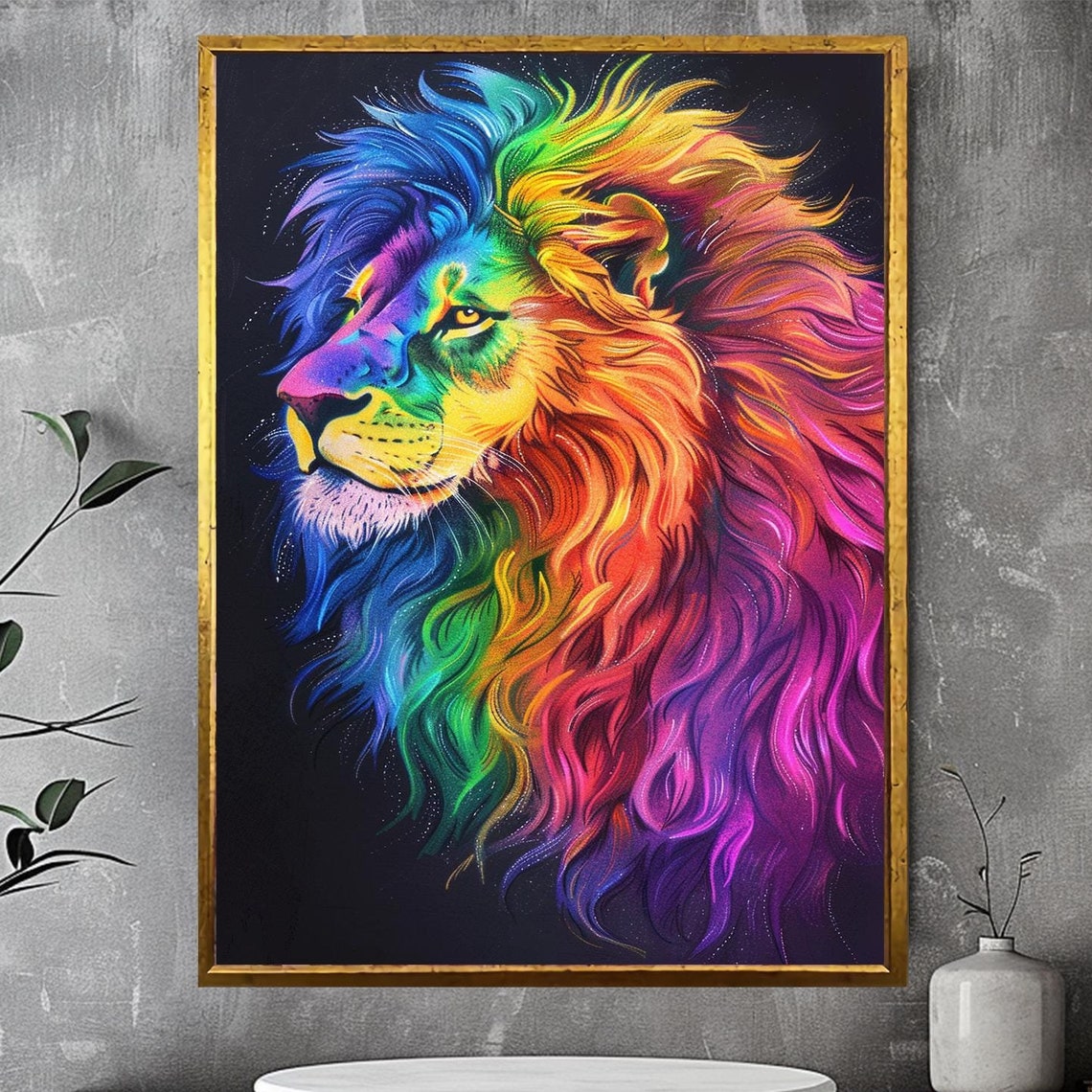 Neon Rainbow Lion Head Profile Colorful Mane Black Background Poster