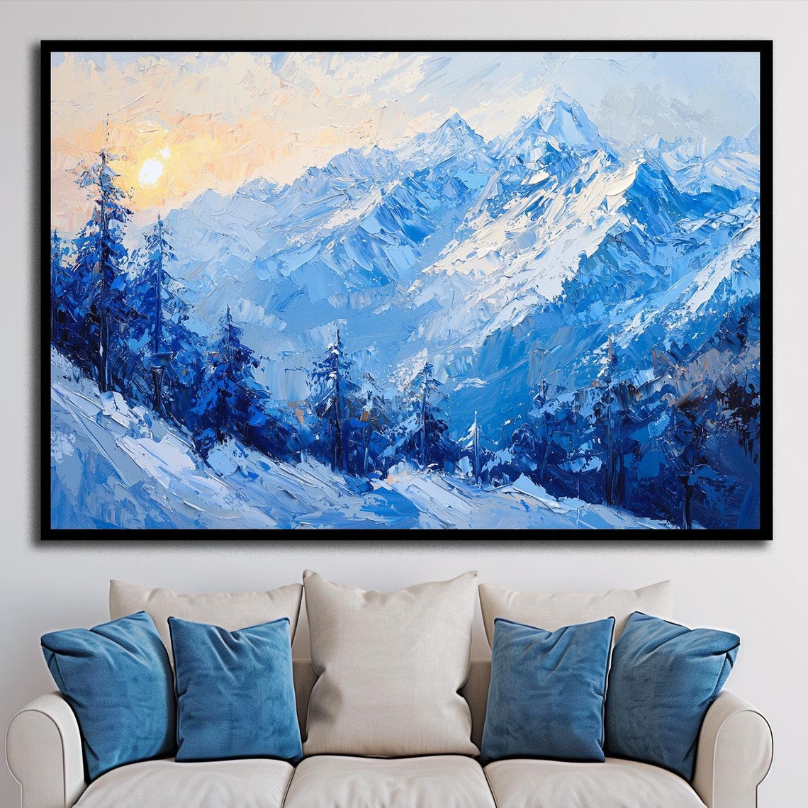 Snowy Blue Mountains Pine Forest Winter Sunrise Impasto Poster