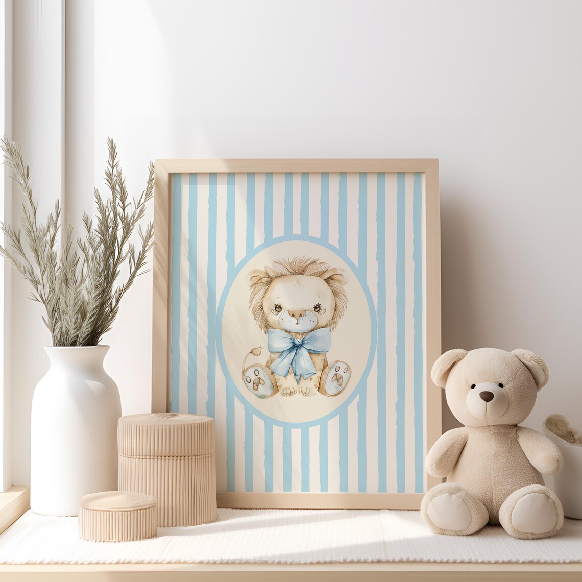 A Sweet Baby Lion Blue Striped Safari Nursery Watercolor Poster