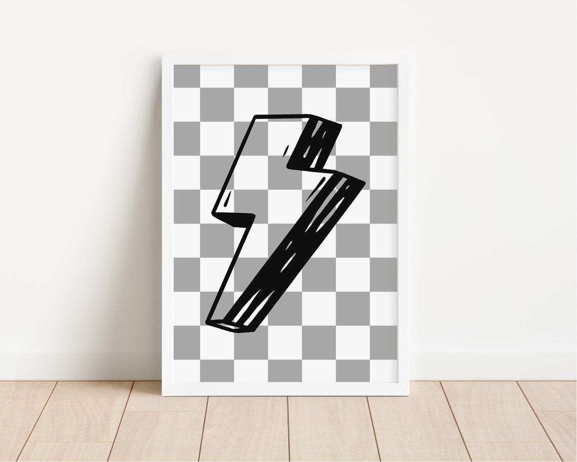 Lightning Bolt Grey Checkerboard Neutral Kids Room Art Poster