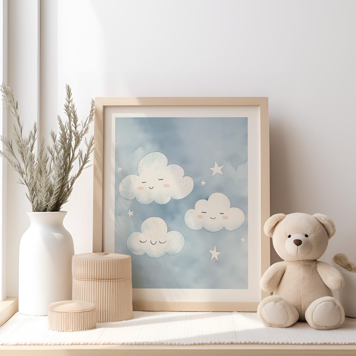Smiling Cloud Faces Watercolor Poster Blue Sky Nursery Baby Room Decor