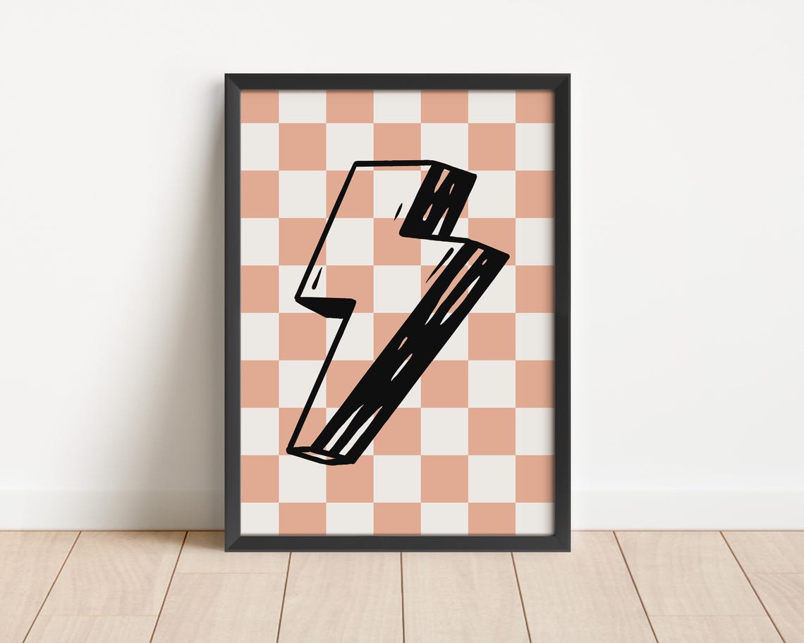 Lightning Bolt Girls Wall Art Checkered Retro Girls Wall Art Tween Bedroom Art Girl Bedroom Art Nursery Art Playroom Art Boho Pink - Image 3
