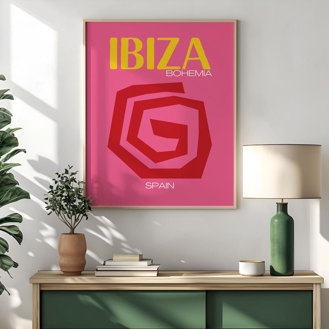 Bold Ibiza Bohemia Pink Yellow Spiral Spain Summer Travel Poster