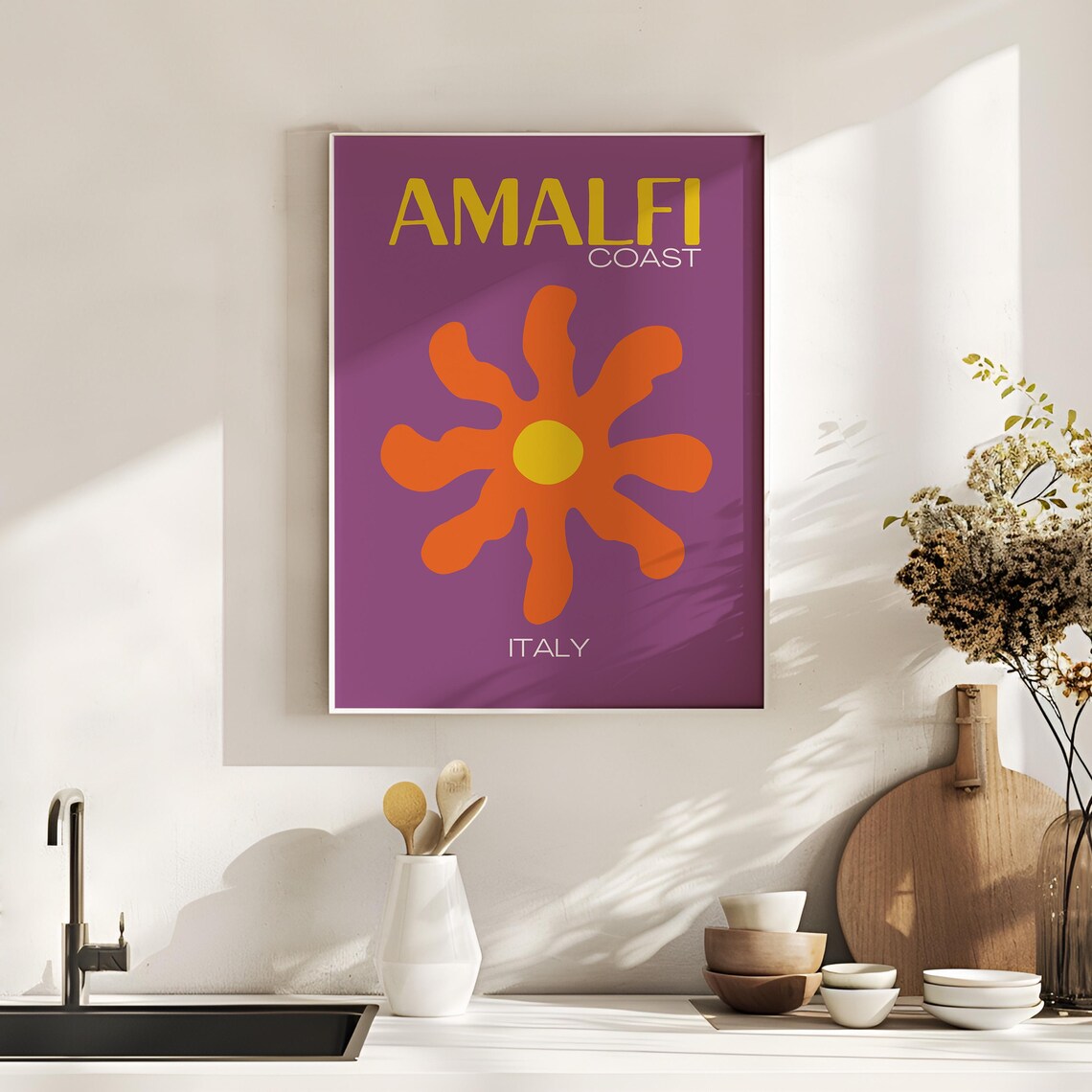 Retro Amalfi Coast Purple Orange Sun Flower Italy Travel Poster - Image 4