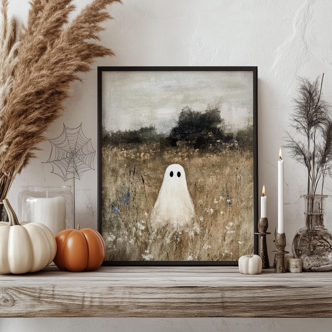 Cute Ghost In A Meadow Vintage Muted Landscape Halloween Poster - Image 2