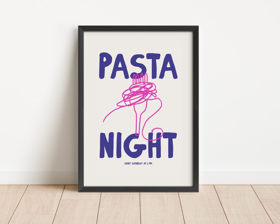 Pasta Night Every Saturday at 5 PM Hand Drawn Spaghetti Kitchen Print - Image 3