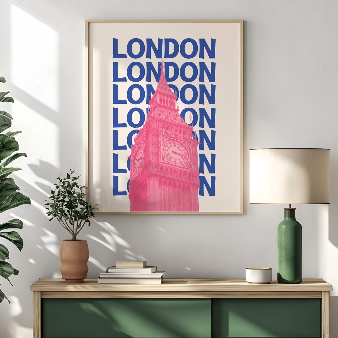 London Retro Blue Pink Big Ben Clock Tower England Travel Poster