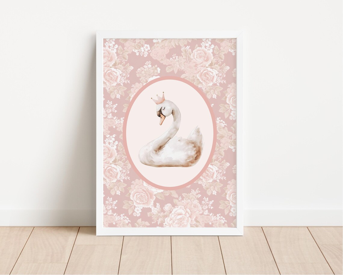 Crowned Swan Watercolor Royal Floral Oval Nursery Art Poster - Image 4