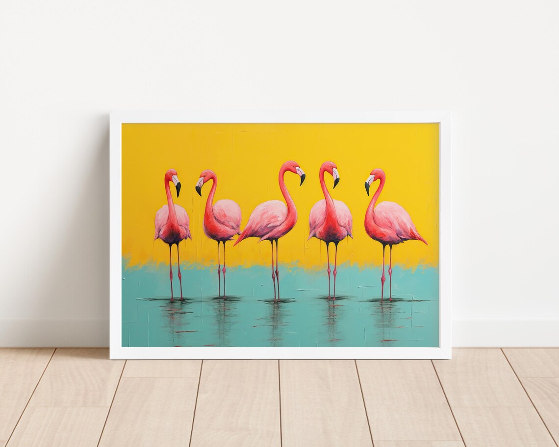 Five Pink Flamingos Turquoise Water Yellow Sky Pop Art Poster - Image 4