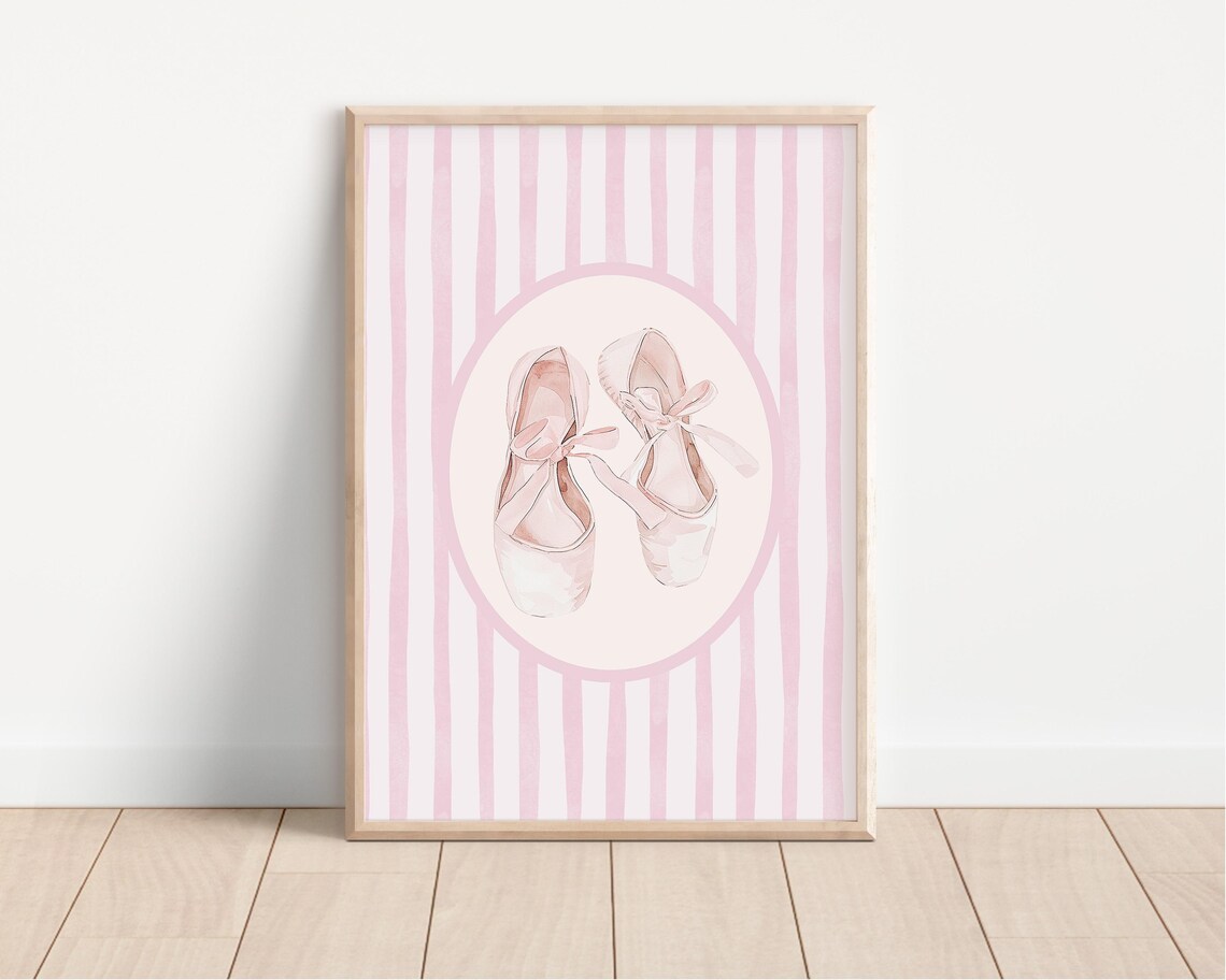 Ballerina Ballet Slippers Watercolor Pink Stripes Nursery Poster