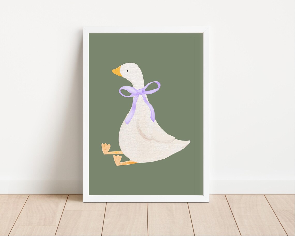 Cute Goose Lavender Bow Sage Green Nursery Animal Wall Poster