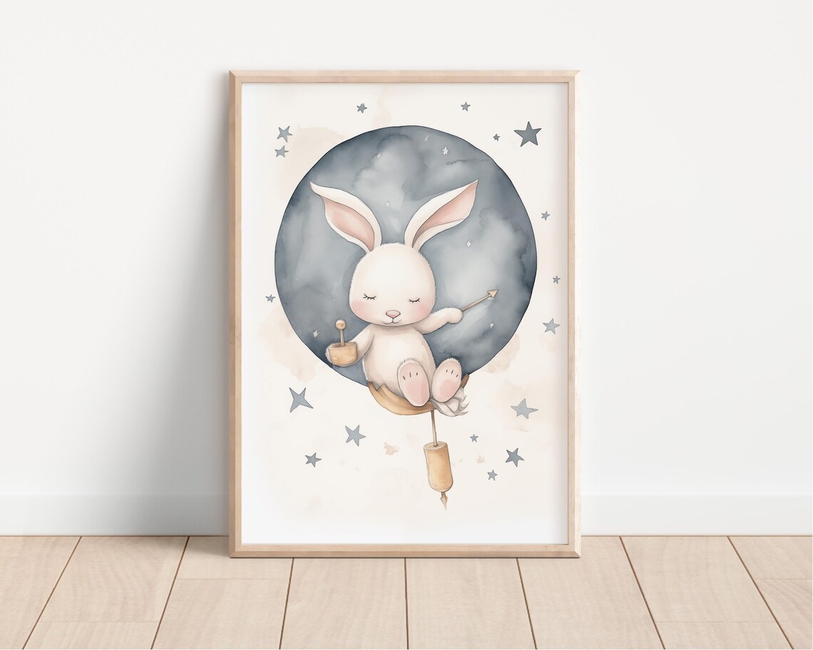 Sleeping Bunny Moon Watercolor Poster Stars Nursery Baby Room Wall Decor - Image 3