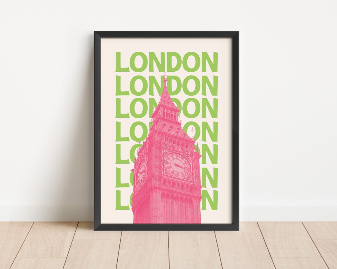 London Retro Green Pink Big Ben Clock Tower England Travel Poster - Image 3