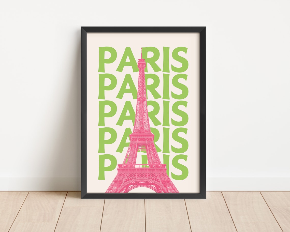 Paris Retro Green Pink Eiffel Tower France Summer Travel Poster - Image 3