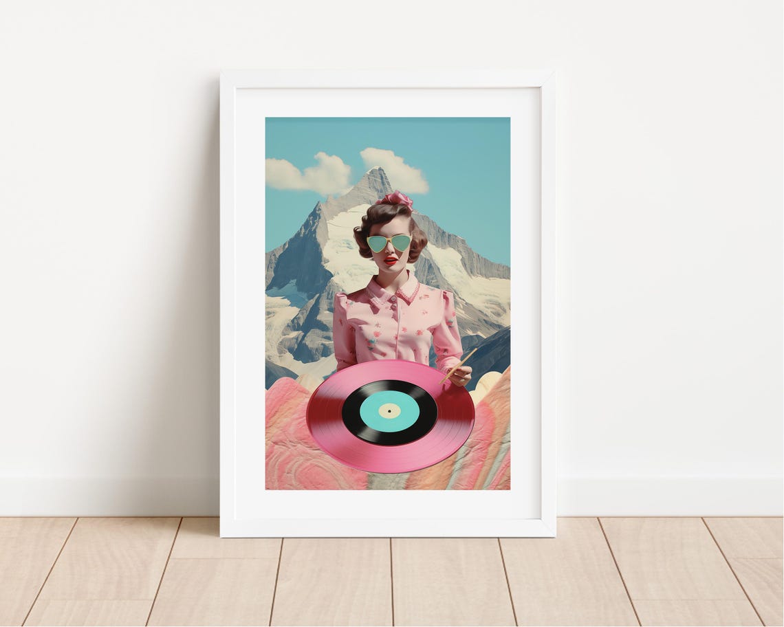 Retro Woman With Pink Vinyl Record Mountain Collage Art Poster - Image 4