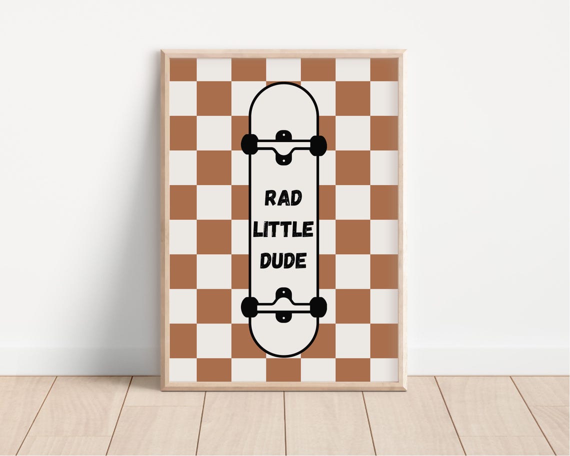 Rad Little Dude Skateboard Brown Checkered Kids Room Art Poster - Image 4