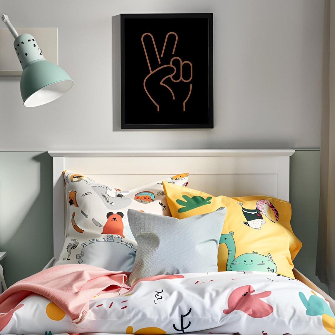 Peace Hand Sign Line Art Poster Black Background Boho Retro Kids Room - Image 4